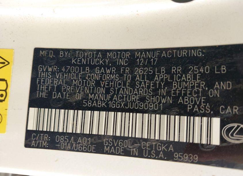 Photo 9 of 2018 Lexus Es 350 (VIN 58ABK1GGXJU090901)