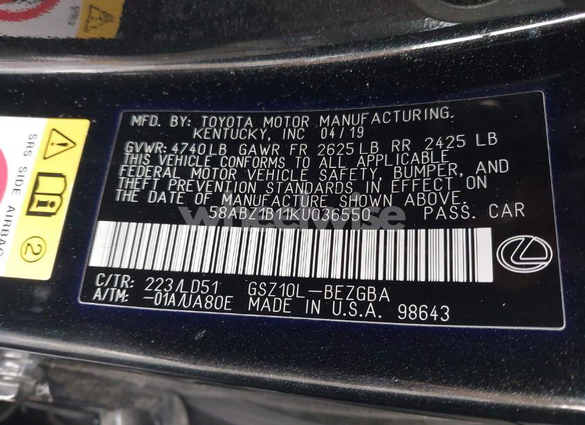 Photo 9 of 2019 Lexus Es 350 (VIN 58ABZ1B11KU036550)