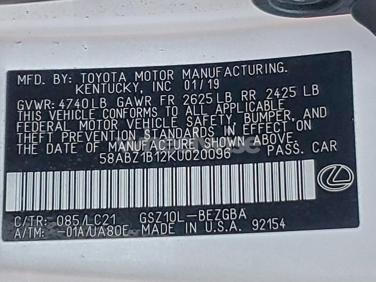 Photo 12 of 2019 LEXUS ES 350 (VIN 58ABZ1B12KU020096)