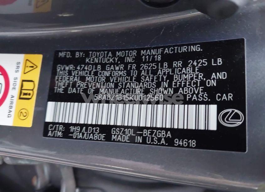 Photo 9 of 2019 Lexus Es 350 (VIN 58ABZ1B15KU012560)