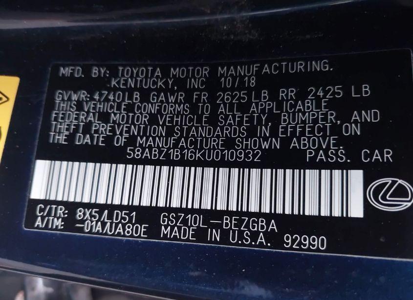 Photo 9 of 2019 Lexus Es 350 (VIN 58ABZ1B16KU010932)