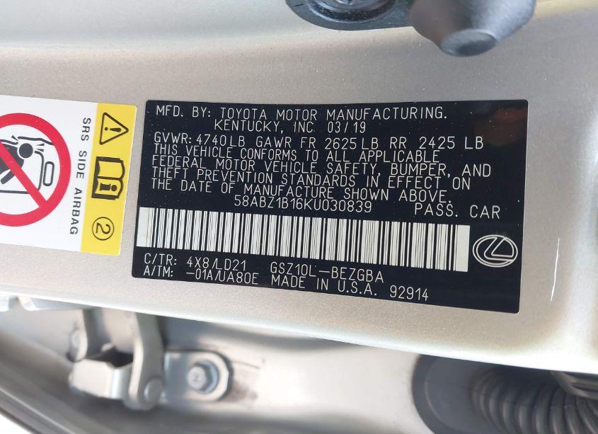 Photo 9 of 2019 Lexus Es 350 (VIN 58ABZ1B16KU030839)