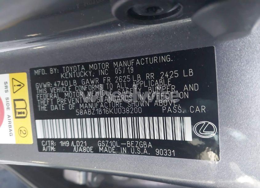 Photo 9 of 2019 Lexus Es 350 (VIN 58ABZ1B16KU038200)