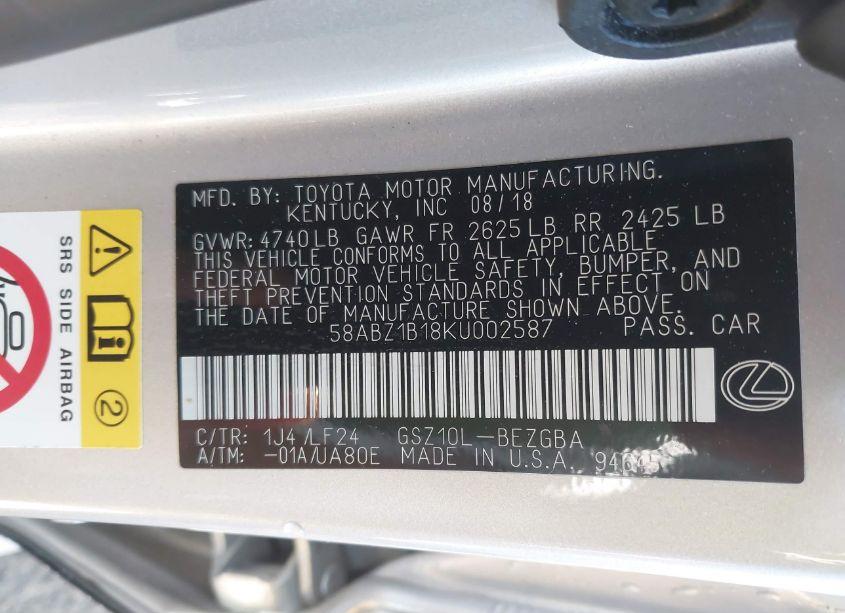 Photo 9 of 2019 Lexus Es 350 F SPORT (VIN 58ABZ1B18KU002587)