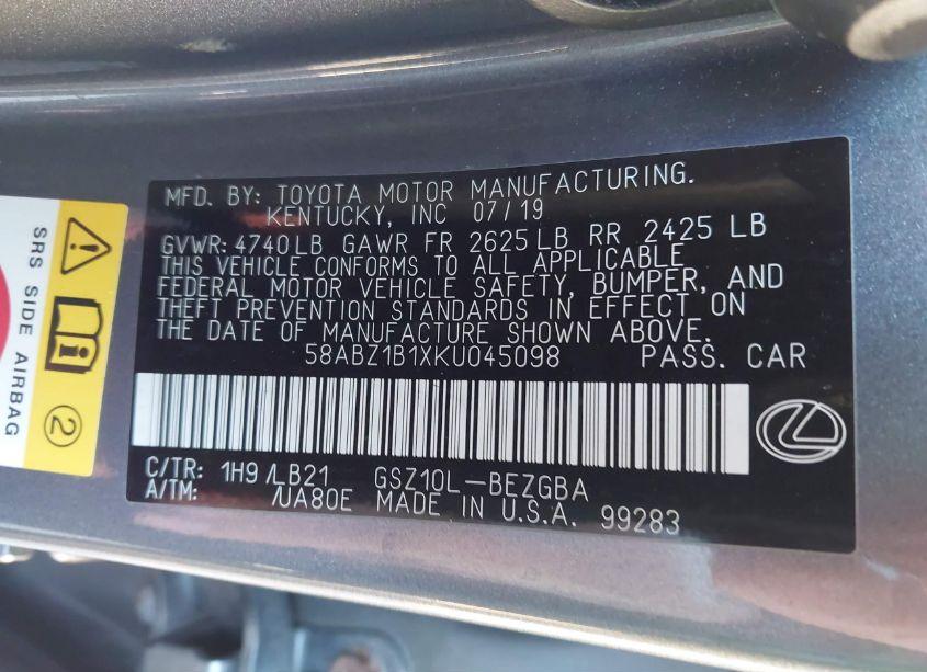 Photo 9 of 2019 Lexus Es 350 LUXURY (VIN 58ABZ1B1XKU045098)