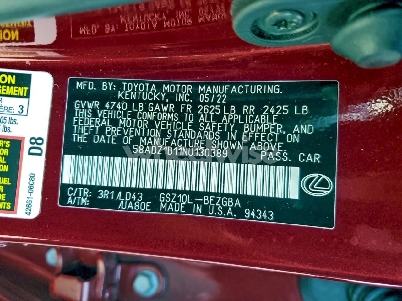 Photo 12 of 2022 LEXUS ES 350 BASE (VIN 58ADZ1B11NU130389)