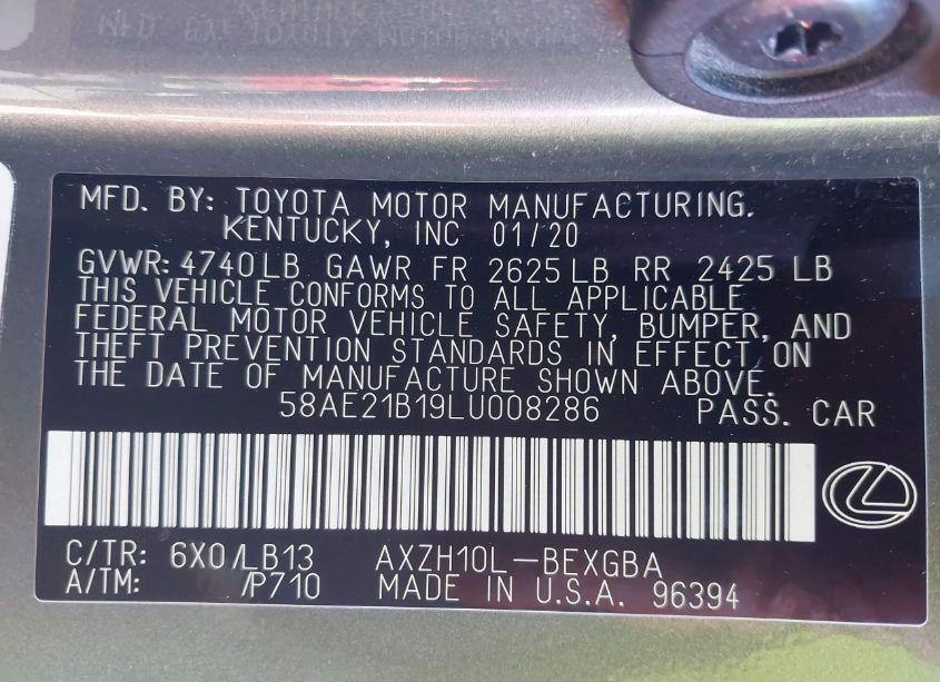 Photo 9 of 2020 Lexus Es 300H LUXURY (VIN 58AE21B19LU008286)