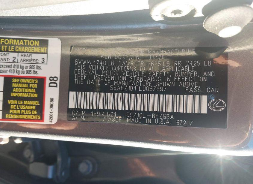 Photo 9 of 2020 Lexus Es 350 LUXURY (VIN 58AEZ1B11LU067697)