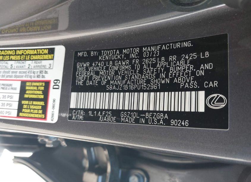 Photo 9 of 2023 Lexus Es 350 F SPORT HANDLING (VIN 58AJZ1B16PU152961)