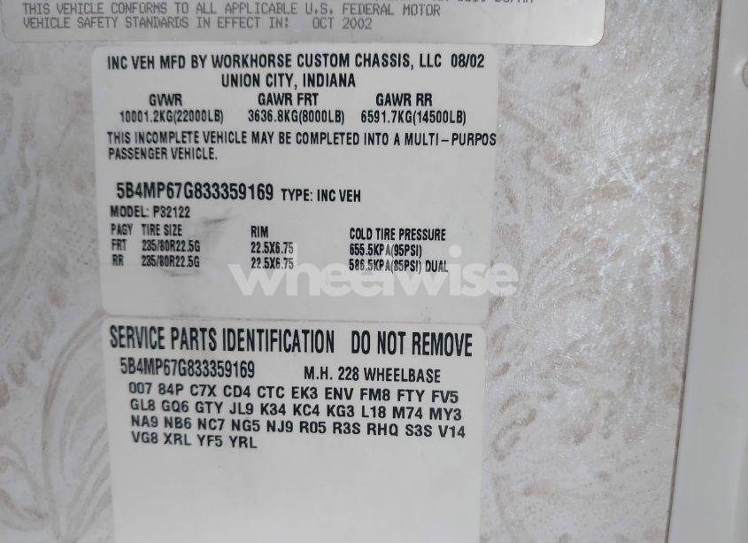 Photo 9 of 2003 Workhorse Custom CHASSIS MOTORHOME CHASSIS W22 (VIN 5B4MP67G833359169)