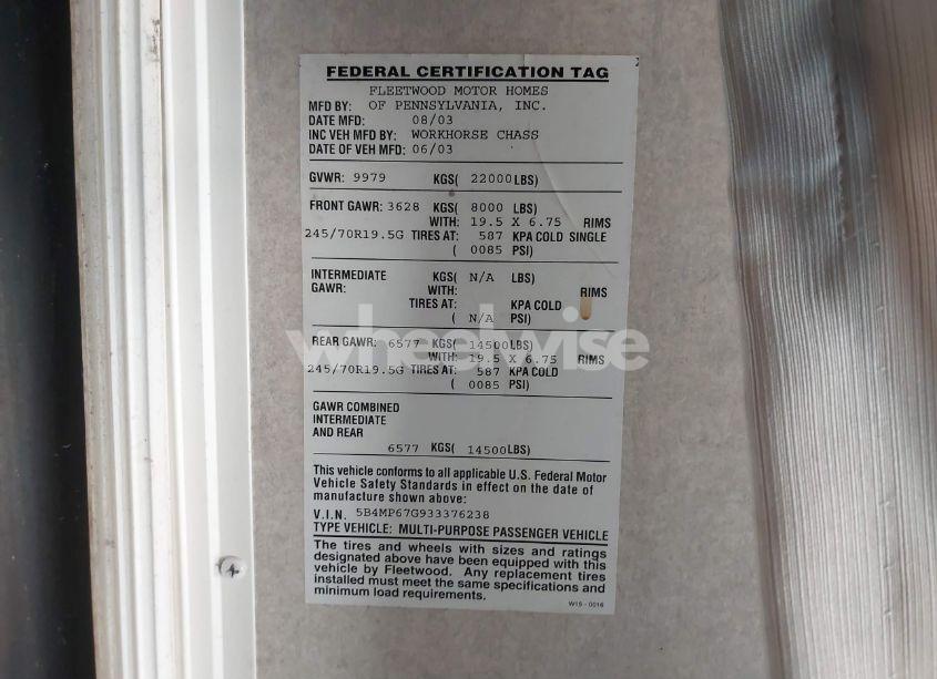 Photo 9 of 2003 Workhorse Custom CHASSIS MOTORHOME CHASSIS W22 (VIN 5B4MP67G933376238)