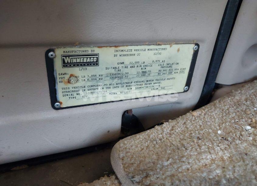 Photo 9 of 2003 Workhorse Custom CHASSIS MOTORHOME CHASSIS W22 (VIN 5B4MP67GX33365944)