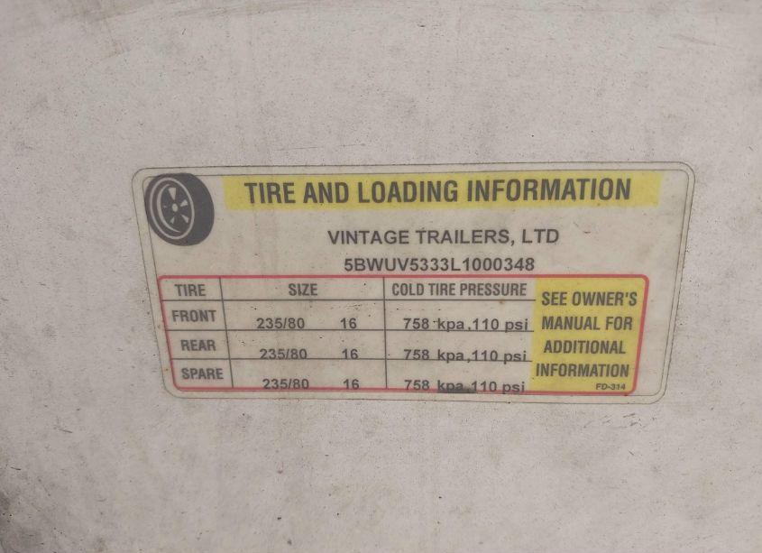 Photo 9 of 2020 Vintage Trailers TRAILER (VIN 5BWUV5333L1000348)