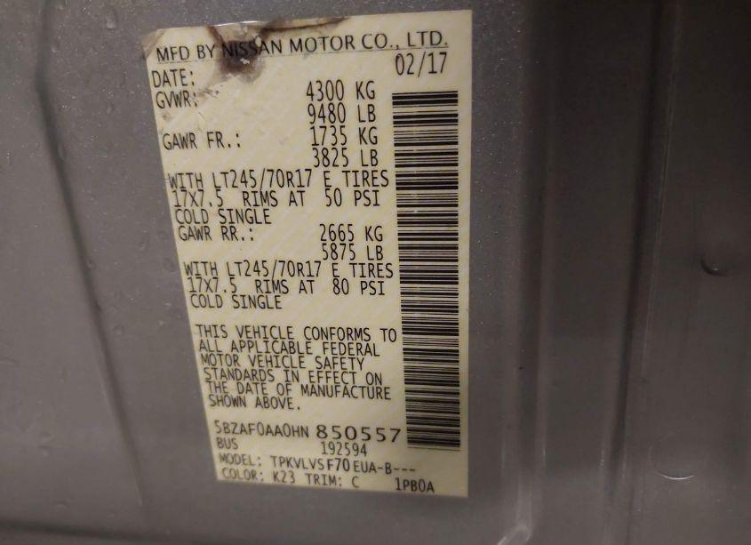 Photo 9 of 2017 Nissan Nv PASSENGER NV3500 HD SL V8 (VIN 5BZAF0AA0HN850557)