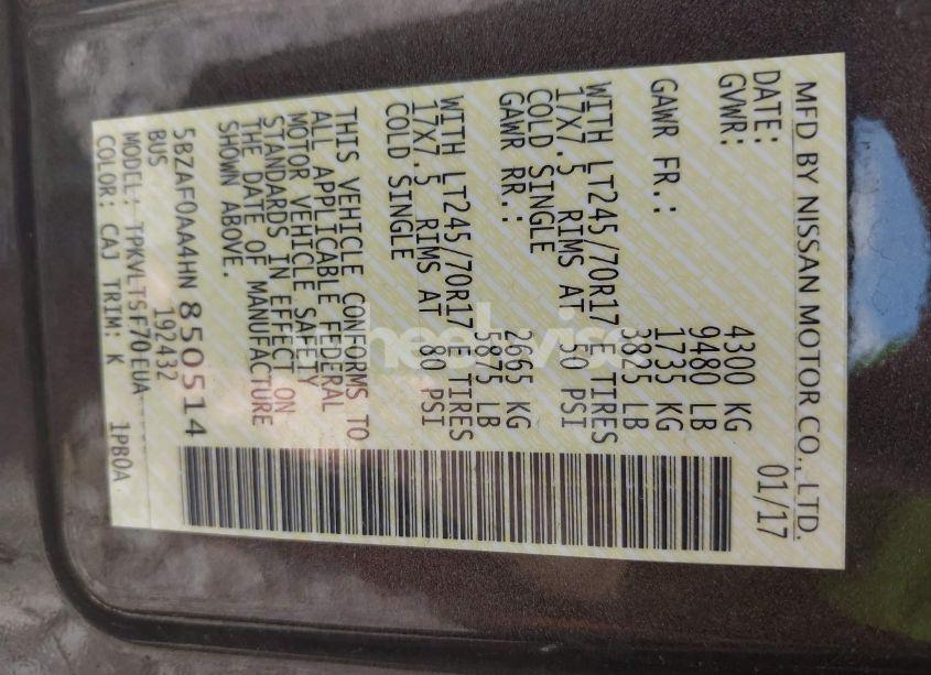 Photo 9 of 2017 Nissan Nv PASSENGER NV3500 HD SV V8 (VIN 5BZAF0AA4HN850514)