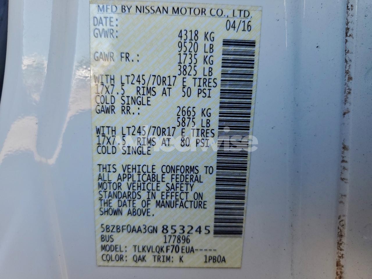 Photo 13 of 2016 NISSAN NV 3500 S (VIN 5BZBF0AA3GN853245)