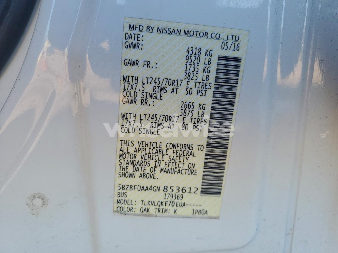 Photo 13 of 2016 NISSAN NV 3500 S (VIN 5BZBF0AA4GN853612)