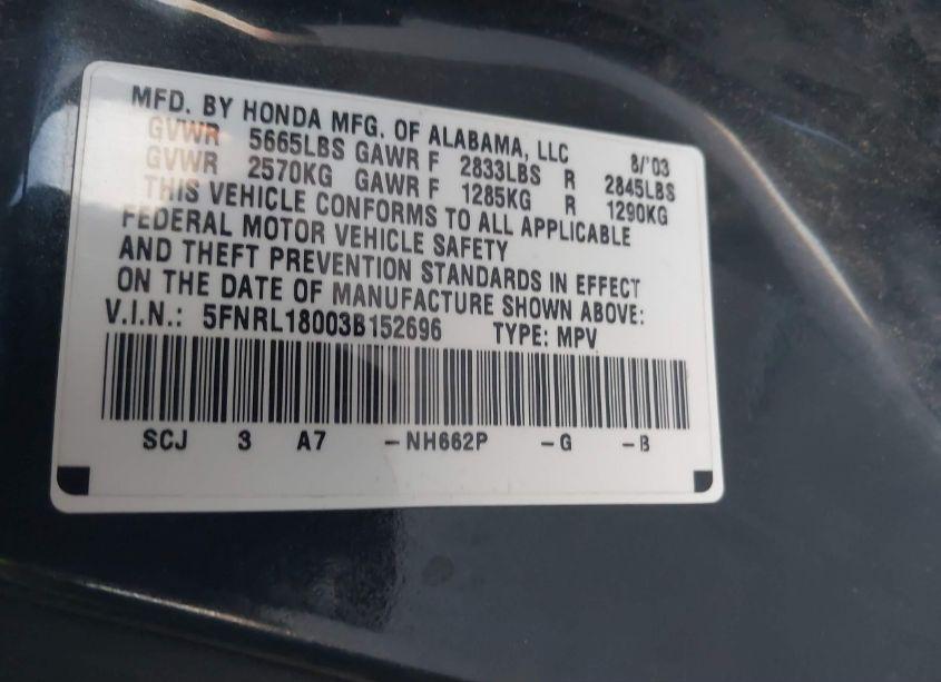 Photo 9 of 2003 Honda Odyssey EX-L (VIN 5FNRL18003B152696)