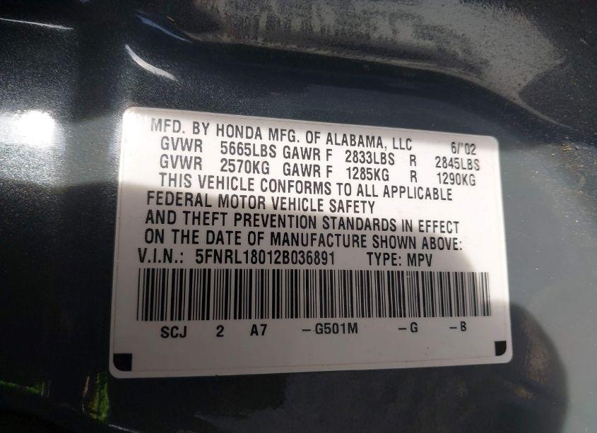 Photo 9 of 2002 Honda Odyssey EX-L (VIN 5FNRL18012B036891)