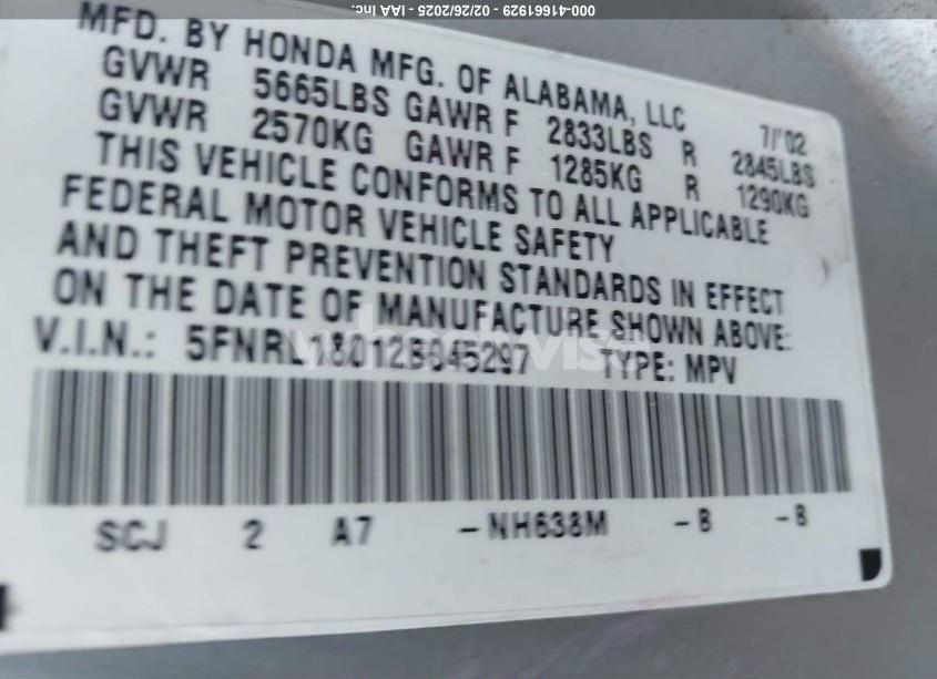 Photo 9 of 2002 Honda Odyssey EX-L (VIN 5FNRL18012B045297)