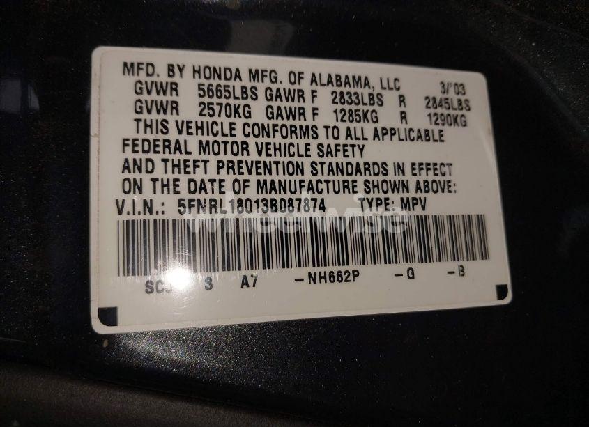 Photo 9 of 2003 Honda Odyssey EX-L (VIN 5FNRL18013B087874)