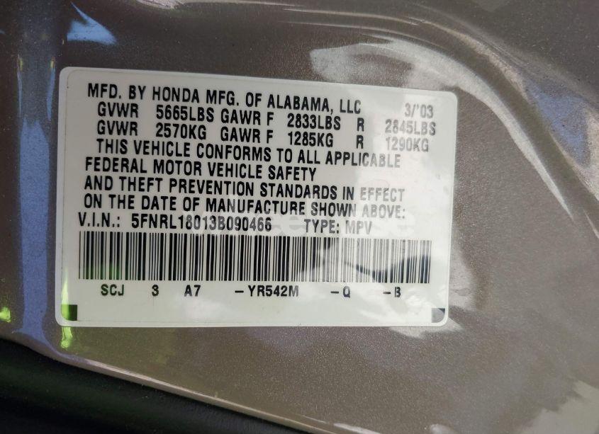 Photo 9 of 2003 Honda Odyssey EX-L (VIN 5FNRL18013B090466)