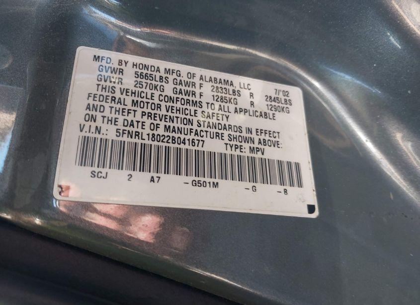 Photo 9 of 2002 Honda Odyssey EX-L (VIN 5FNRL18022B041677)