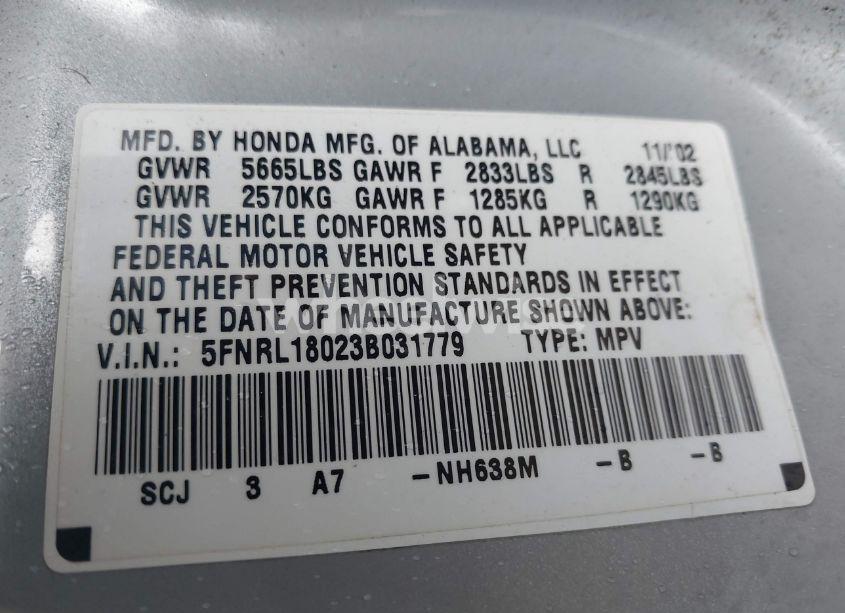 Photo 9 of 2003 Honda Odyssey EX-L (VIN 5FNRL18023B031779)