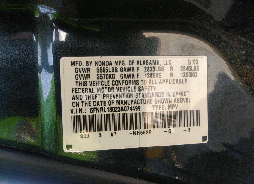 Photo 9 of 2003 Honda Odyssey EX-L (VIN 5FNRL18023B074499)
