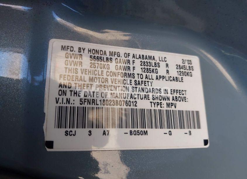 Photo 9 of 2003 Honda Odyssey EX-L (VIN 5FNRL18023B076012)