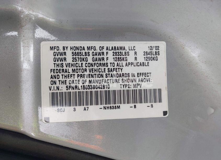 Photo 9 of 2003 Honda Odyssey EX-L (VIN 5FNRL18033B042810)