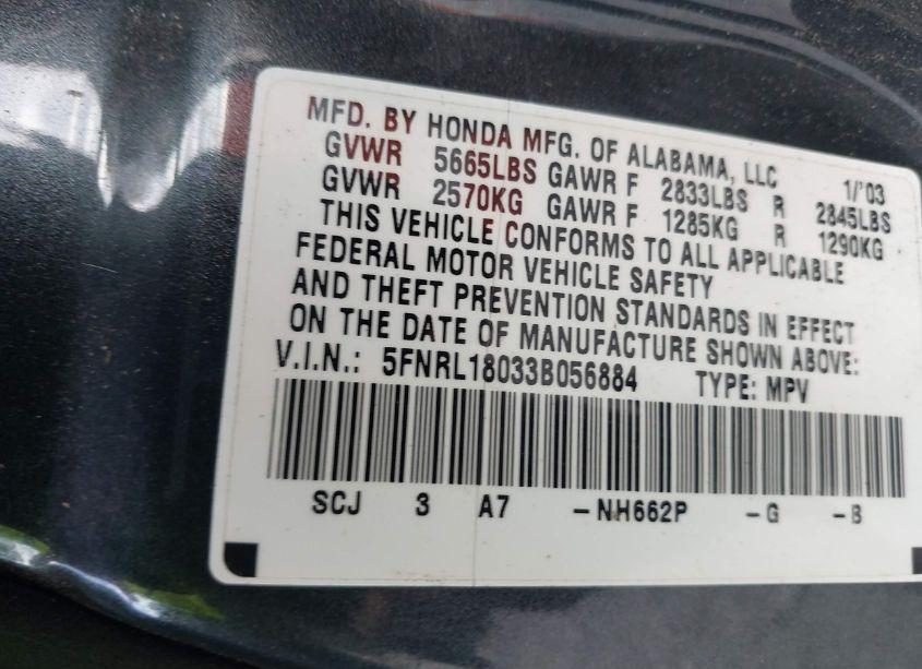 Photo 9 of 2003 Honda Odyssey EX-L (VIN 5FNRL18033B056884)