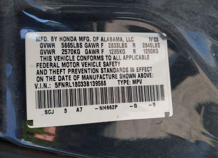 Photo 9 of 2003 Honda Odyssey EX-L (VIN 5FNRL18033B139568)