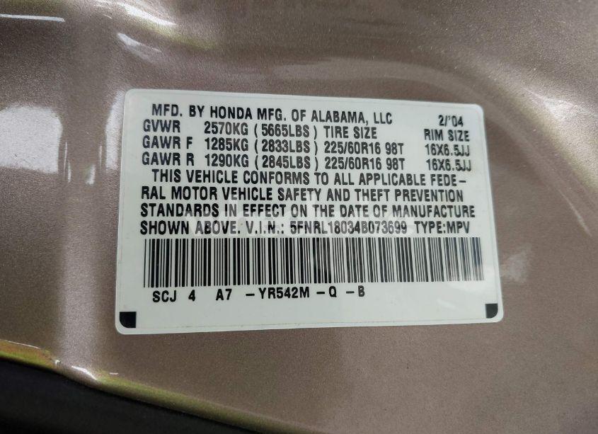 Photo 9 of 2004 Honda Odyssey EX-L (VIN 5FNRL18034B073699)