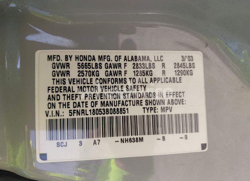 Photo 9 of 2003 Honda Odyssey EX-L (VIN 5FNRL18053B088851)