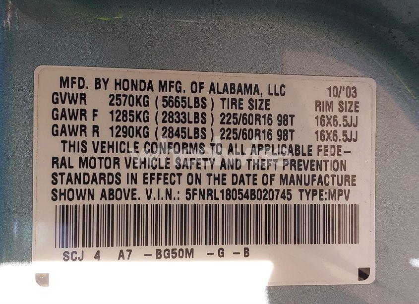 Photo 9 of 2004 Honda Odyssey EX-L (VIN 5FNRL18054B020745)