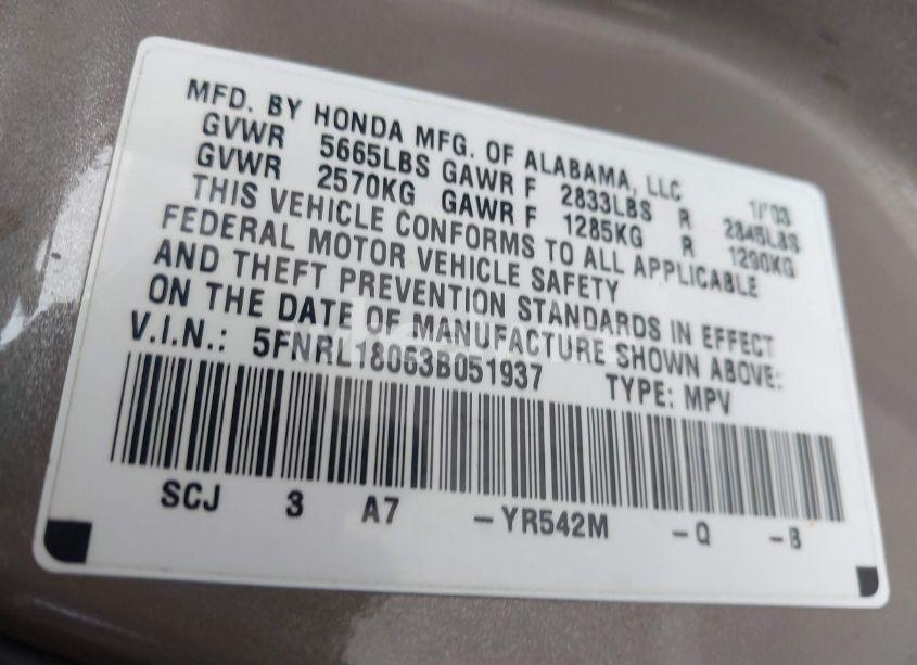 Photo 9 of 2003 Honda Odyssey EX-L (VIN 5FNRL18063B051937)