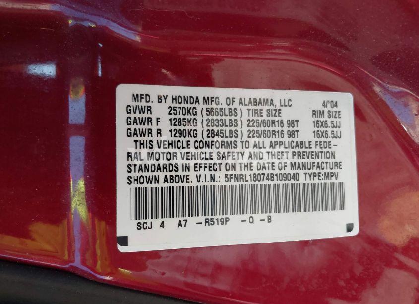 Photo 9 of 2004 Honda Odyssey EX-L (VIN 5FNRL18074B109040)