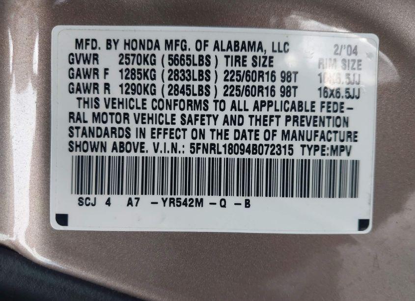 Photo 9 of 2004 Honda Odyssey EX-L (VIN 5FNRL18094B072315)