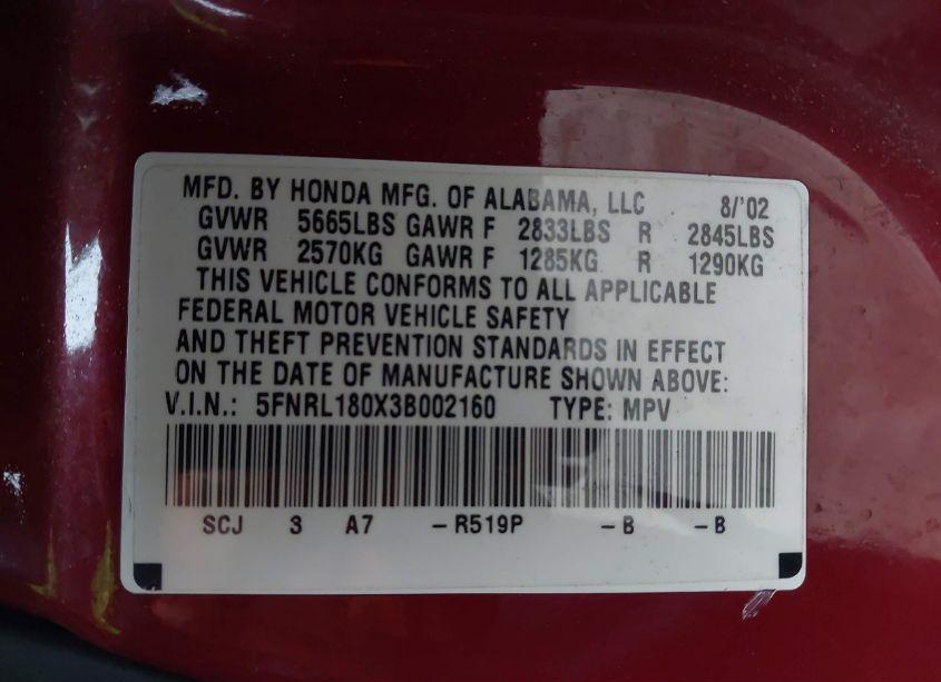 Photo 9 of 2003 Honda Odyssey EX-L (VIN 5FNRL180X3B002160)