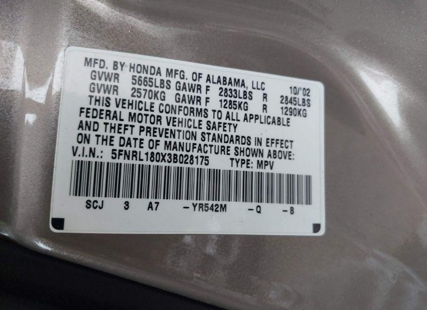 Photo 9 of 2003 Honda Odyssey EX-L (VIN 5FNRL180X3B028175)