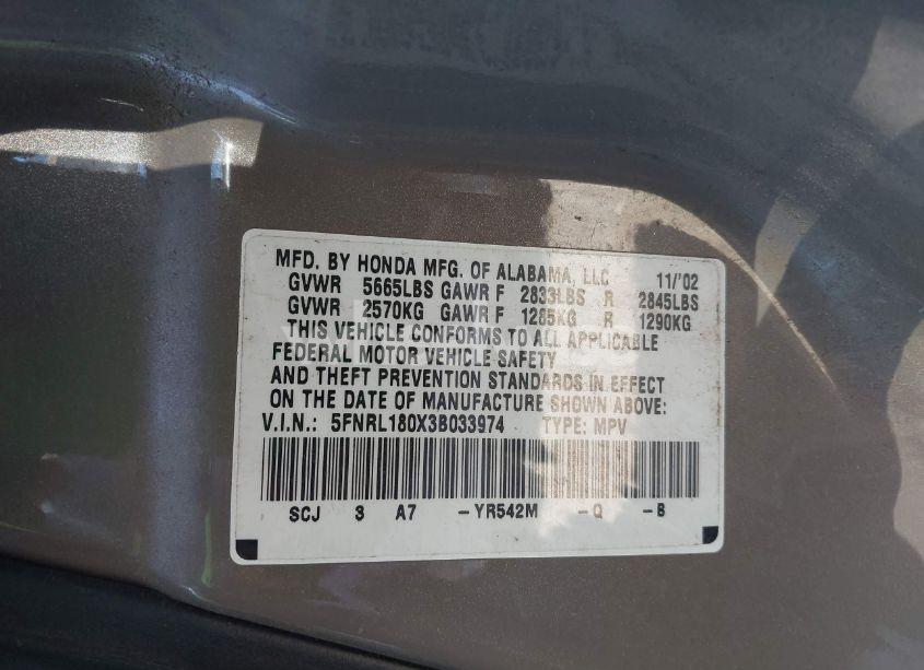 Photo 9 of 2003 Honda Odyssey EX-L (VIN 5FNRL180X3B033974)