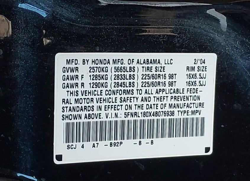 Photo 9 of 2004 Honda Odyssey EX-L (VIN 5FNRL180X4B076938)