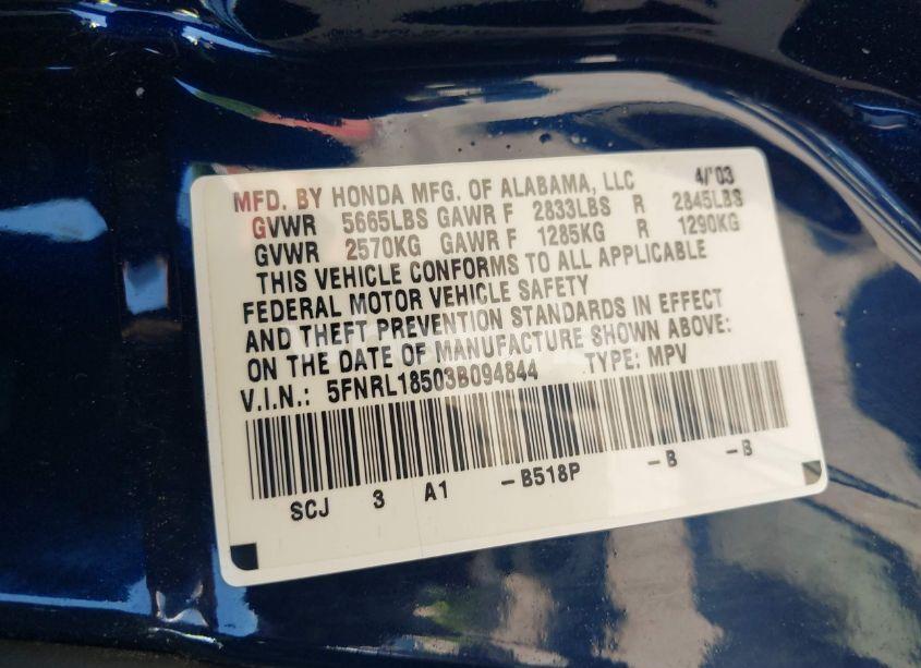 Photo 9 of 2003 Honda Odyssey LX (VIN 5FNRL18503B094844)