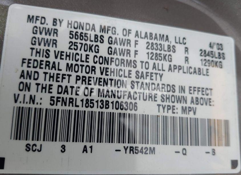 Photo 9 of 2003 Honda Odyssey LX (VIN 5FNRL18513B106306)