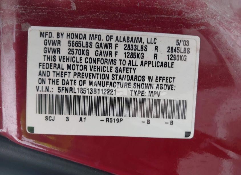 Photo 9 of 2003 Honda Odyssey LX (VIN 5FNRL18513B112221)