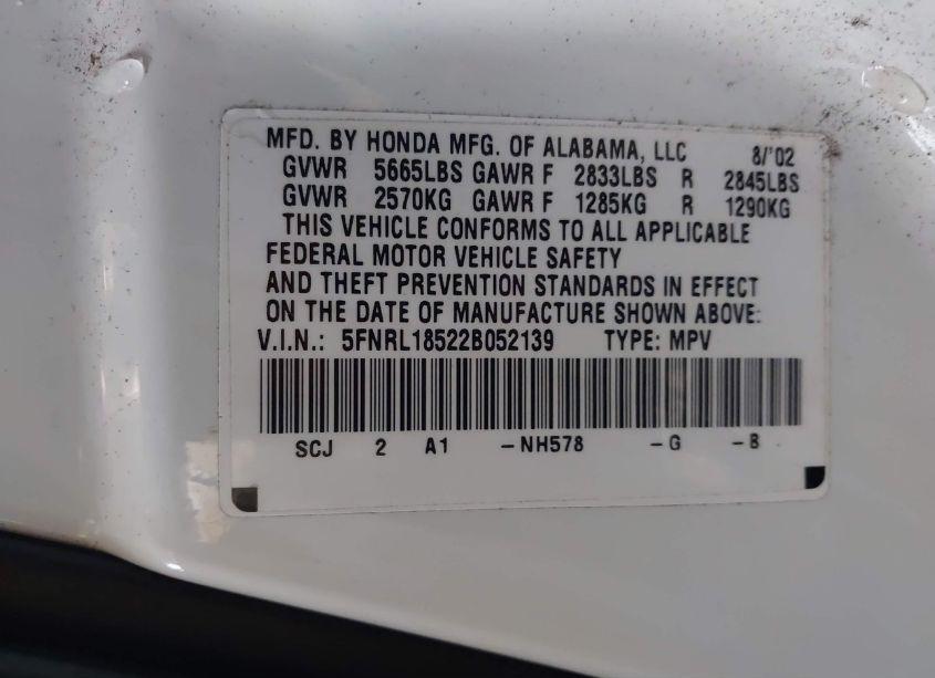 Photo 9 of 2002 Honda Odyssey LX (VIN 5FNRL18522B052139)