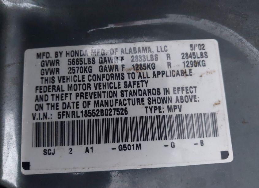 Photo 9 of 2002 Honda Odyssey LX (VIN 5FNRL18552B027526)