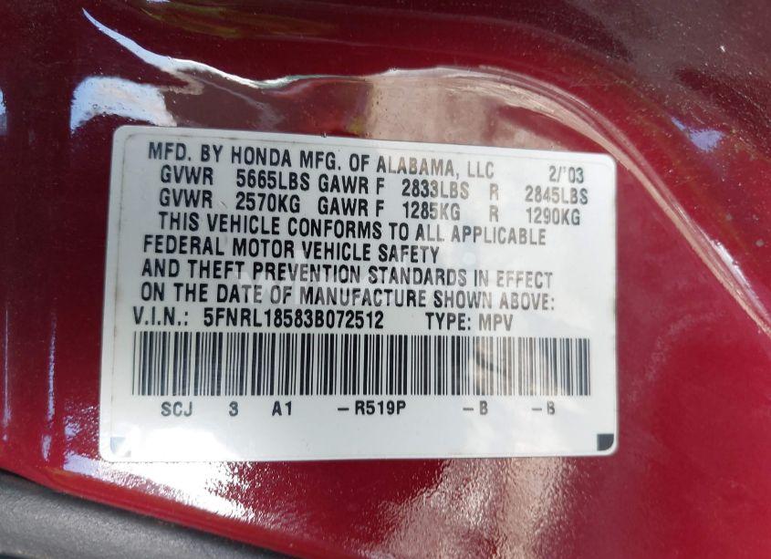 Photo 9 of 2003 Honda Odyssey LX (VIN 5FNRL18583B072512)