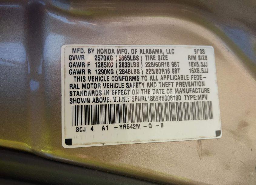 Photo 9 of 2004 Honda Odyssey LX (VIN 5FNRL18594B008190)